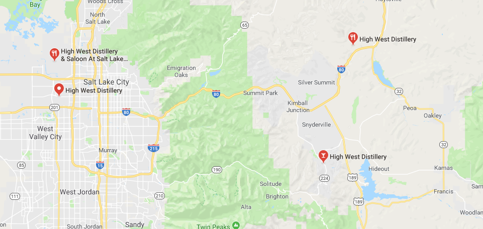 Map shows High West Distillery 4 locations