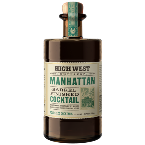 A bottle of High West Barrel Finished Manhattan Cocktail on a white background